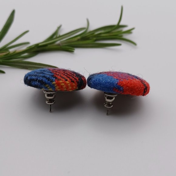 Button Earrings - Red and Blue Tweed Wool Fabric - Picture 5 of 8